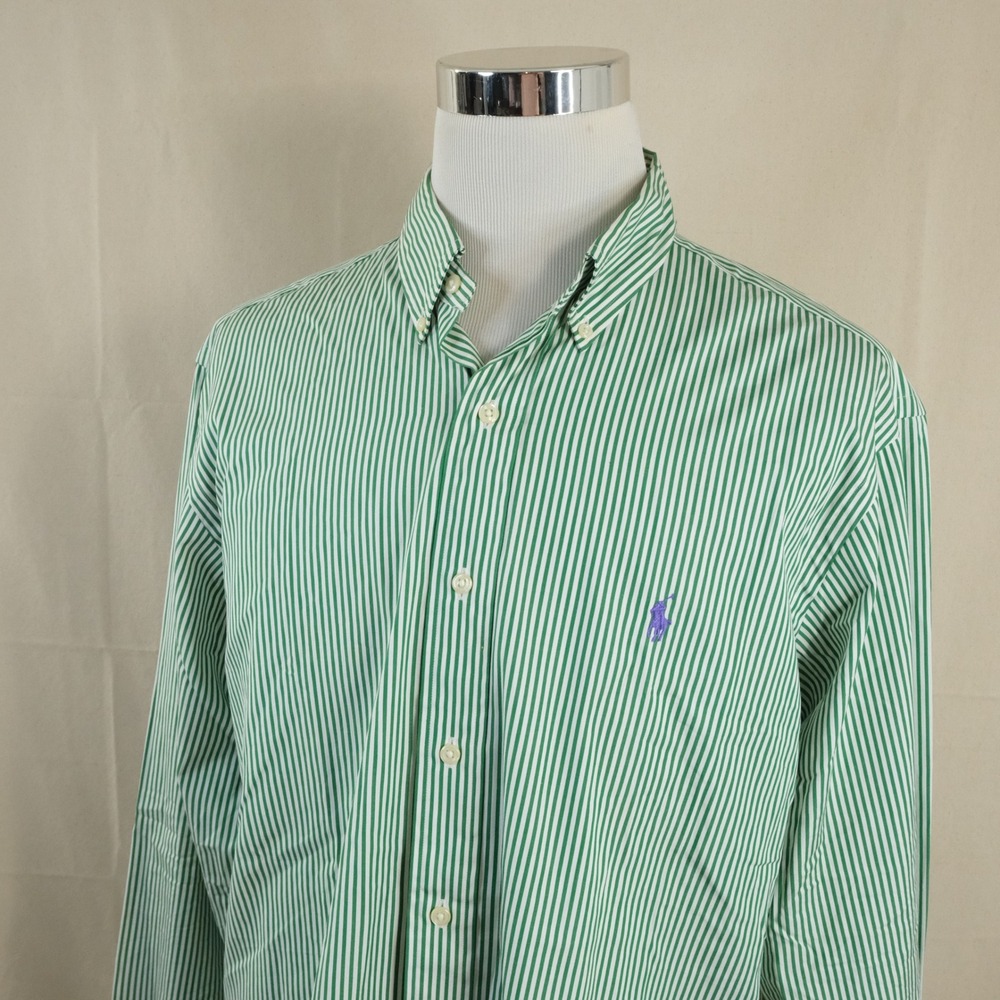 Polo Ralph Lauren XL Classic Fit Button Down Shirt Green White Striped Cotton